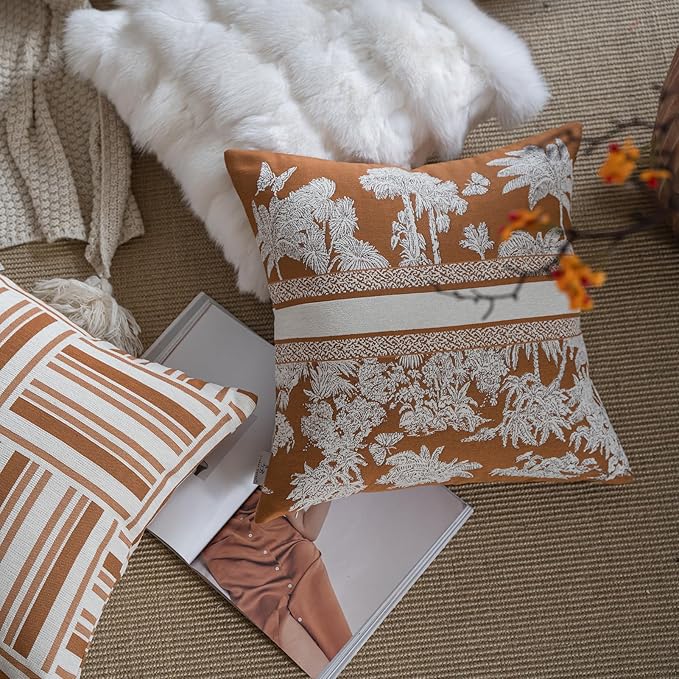 Premium Throw Pillow Covers 18x18 Inches - Tawny Birch Jungle with White Palm Tree Chenille Jacquard Embroidery Decorative Couch Pillow Covers for Living Room Bedroom Sofa