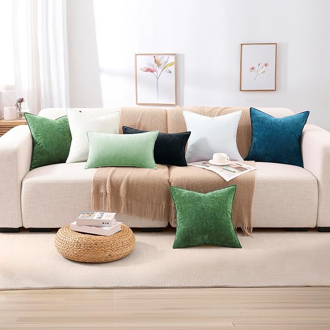 decorUhome Couch Throw Pillow Covers 26x26 Set of 2, Decorative Soft Euro Neutral Chenille Pillow Covers with Elegant Design for Sofa Bed Living Room Home Decor, Sage Green
