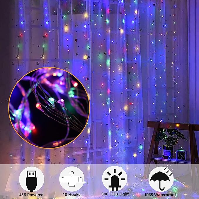 HOME LIGHTING Window Curtain String Lights, 300 LED 8 Lighting Modes Fairy Copper Light with Remote, USB Powered Waterproof for Christmas Bedroom Party Wedding Home Garden Wall Decorations, Multicolor