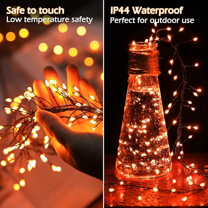 Halloween Fairy Lights Plug in, 10Feet 200 LEDs Firecracker String Lights with Remote, Cluster String Lights for Ceiling Bedroom Wreath Garland Window Bar Haunted Theme Halloween Decoration, Orange