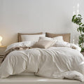 MooMee Striped Duvet Cover Set 100% Washed Cotton Linen Like Textured Breathable Durable Soft Comfy (White Tannish Linen Grey Wide Stripes, Super King Plus 120"x120")