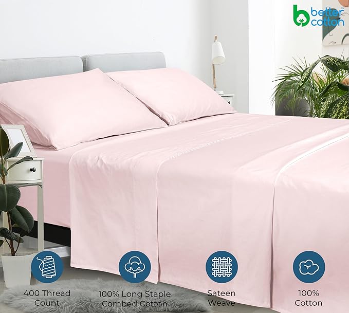 400 Thread Count 100% American Grown Cotton Pink Flat Sheet Only - Cooling Sheets - Luxury Sateen Weave - Full Size Flat Sheet Sold Separately - Super Soft Cotton Top Sheets (Full, Kyoto Blush)