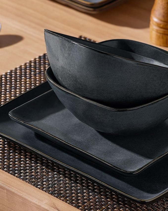 Famiware Dinnerware Sets for 8, Ocean Square 24-Piece Kitchen Plates and Bowls Sets, Microwave and Dishwasher Safe, Scratch Resistant, Matte Black