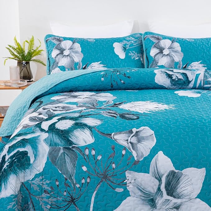 Floral Quilt Set King 3 Pieces Teal Blue Floral Quilt Coverlet Set Soft Microfiber Lightweight Teal Blue Quilted Bedspread for All Season 104"x90"