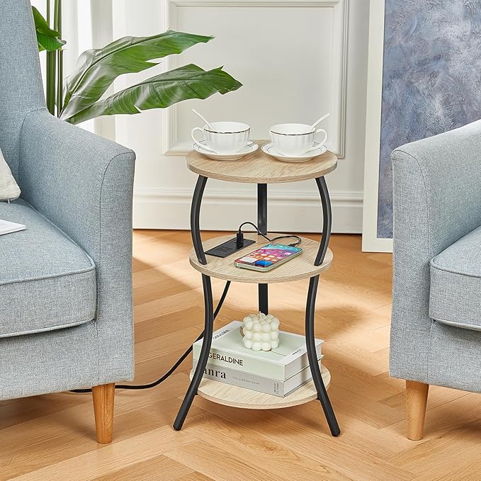 Small Round Side Table with Charging Station, 3-Tier Waist Circular End Table with Storage Shelf, Compact Tea Sofa Side Table Small Spaces, Round Corner Coffee Table for Living Room Bedroon,Oak