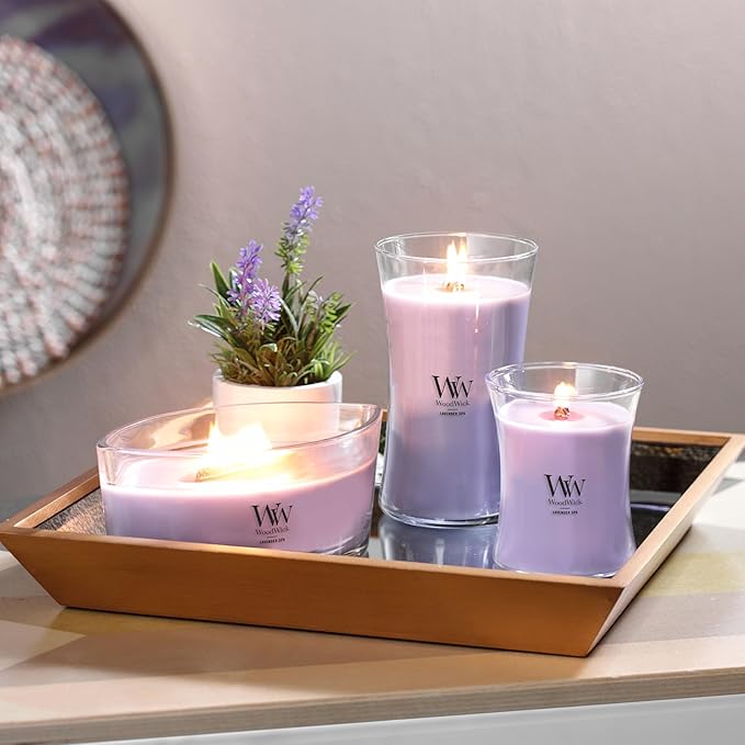 WoodWick Large Hourglass Candle Lavender Spa Scent Premium Soy Blend Crackles as it Burns 21oz Perfect for Gifting