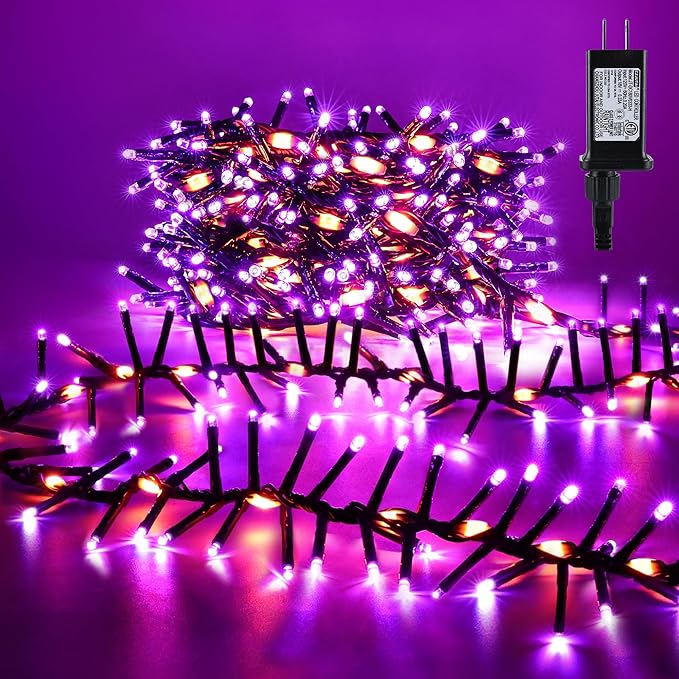 Brizled Outdoor Halloween Lights, 372 LED 17 Modes Orange & Purple Halloween Cluster Lights with Timer, 19.6FT Waterproof Spooky Light Plug in, Orange Purple Light Black Wire for Indoor Outdoor Decor
