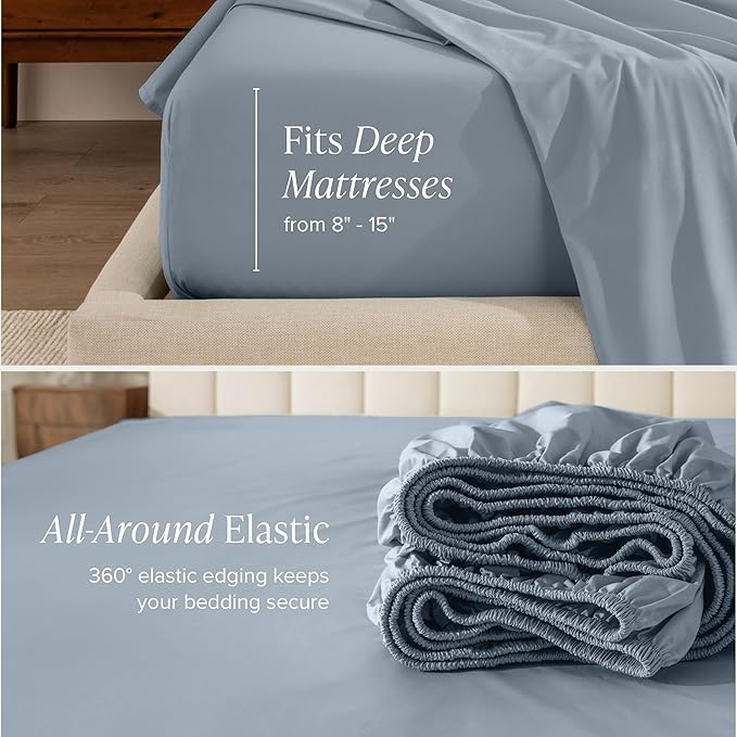 Bare Home 100% Organic Cotton Queen Sheet Set - Crisp Percale Weave - Lightweight & Breathable - Bedding Sheets & Pillowcases (Queen, Dusty Blue)