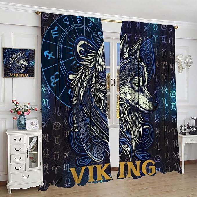 Viking Wolf Curtains Blue Rune Nordic Gothic Animal Curtains Dark Ancient Totem Mythological Pattern Printed Curtains Boys Bedroom Living Room Decoration Blackout Curtains W42 * L63 Inch