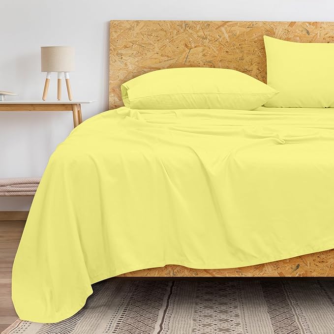 Royale Linens 300 Thread Count 100% Long Staple Combed Cotton Flat Sheet - Super Soft - Top Sheets - Full Flat Sheet Sold Separately - Breathable, Cool & Crisp Percale Sheets Only (Twin XL, Yellow)