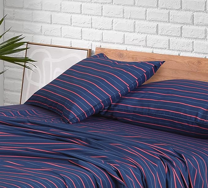 RUVANTI 100% Cotton Twin Sheets Set, 3 Pieces, Soft & Breathable Percale Weave Bedding, Deep Pocket 16", Hotel Standard, Crisp Cool Feel, Durable, Perfect Striped Bed Sheet, Nautical
