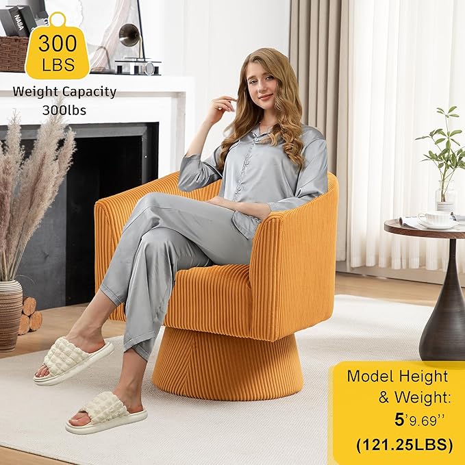 Swivel Accent Chair, Modern 360° Barrel Chair, Corduroy Upholstered Single Sofa for Living Room, Bedroom(Mustard)