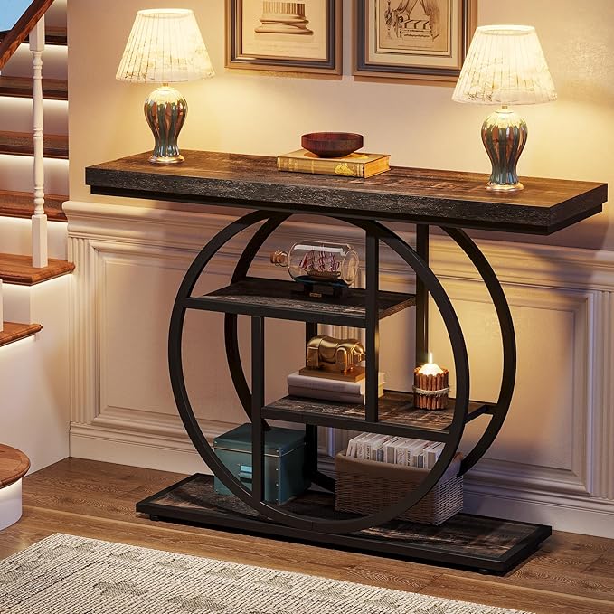 Tribesigns 41.3" Console Table, Industrial 4-Tier Sofa Table Entryway Table with Circle Base, Narrow Wood Accent Tables with Storage Shelves for Living Room, Hallway, Foyer, Charcoal Black