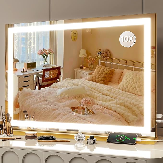 FENNIO Vanity Mirror with Lights 32"x22", Lighted Makeup Mirror, Large Vanity Mirror, Touch Sensor with 3-Color Lighting, 10X Magnification and USB Charging Port for Vanity Desk（Square Gold）