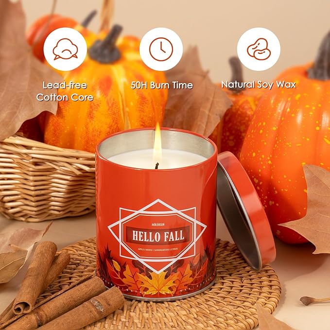 Hello Fall Scented Candle – 9 oz Soy Wax in Travel-Friendly Reusable Tin, Non-Toxic & Clean Burning, 50-Hour Burn – Cozy Autumn Fragrance, Holiday Gift & Fall Decor for Women & Men