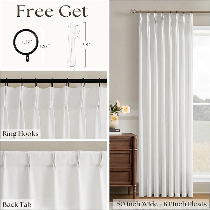 102 Inch Long Curtains Pinch Pleat Linen Curtains for Living Room Bedroom Cream White Light Filtering Privacy Neutral 102 Inch Pleated Drapes Hooks Rings Back Tab for Window Sliding Door 1 Panel