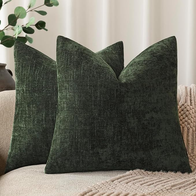 Foindtower Pack of 2 Soft Textured Chenille Throw Decorative Pillow Covers Square Accent Solid Cushion Cover Neutral Farmhouse Pillow Case for Couch Sofa Bedroom Living Room 18x18 Inch,Dark Green