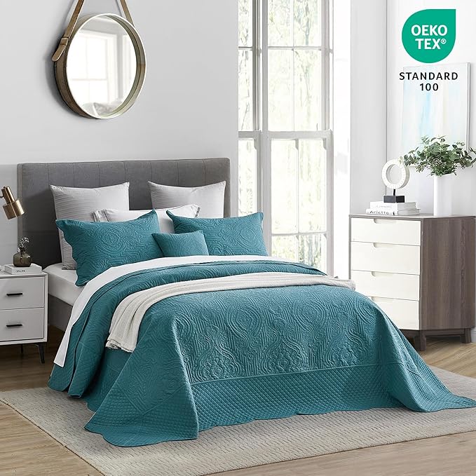 HZ & HY Oversized King Bedspread, Ultrasonic Coverlet Bedding Set, Lightweight Thin Comforter, Reversible, 5 Piece, 100% Microfiber, Lagoon