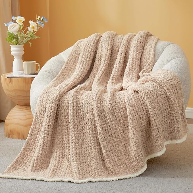 Snuggle Sac Waffle Throw Blanket for Couch Bed Sofa 50x60 inches, Reversible Beige Blanket Microfiber Fluffy Fuzzy Cozy Knit Soft Throws for Women Mothers Birthday Gifts