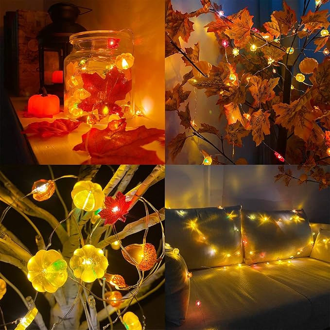 TURNMEON Thanksgiving Decorations 30LED/10Ft 3D Pumpkin Lights Thanksgiving Decor for Home, 3 in 1 Battery Powered Fall Lights Pumpkin Decor, Fall Garland Autumn Indoor Outdoor Halloween Christmas
