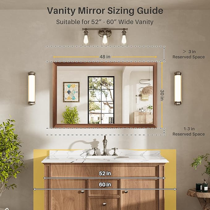 48x30 Inch Bathroom Mirror for Wall, Anti-Rust Walnut Wood Grain Metal Framed Bathroom Mirrors for Over Sink,Rectangler Mirrors for Bathroom Vanity, Farmhouse, Bedroom, Living Room, Entryway Decor