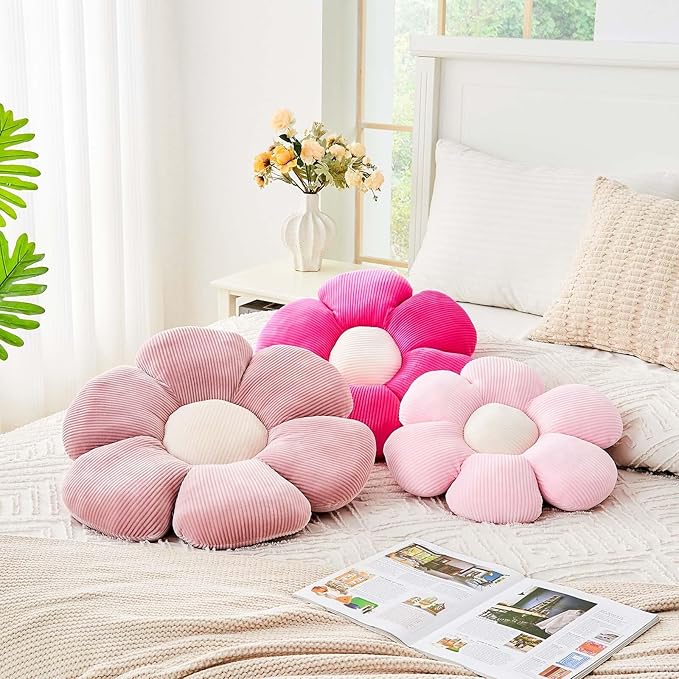 Pink Flower Pillow, 14.9" Cute Flower Shaped Floor Pillow, Aesthetic Floral Plush Daisy Decorative Throw Pillows for Bed Sofa Couch