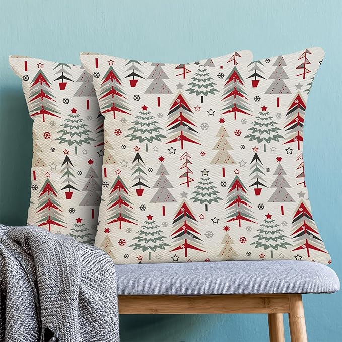 Christmas Pillow Covers 16 x 16 Inch, Colorful Red Green Grey Christmas Tree Decor Throw Pillows for Home Couch Bed, Winter Xmas Snowflake Decorative Pillowcase Linen Cushion Cover Set of 2