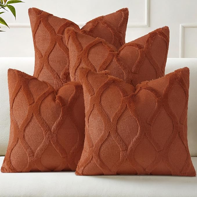 decorUhome Set of 4 Rust Throw Pillow Covers 16x16 Inch, Neutral Decorative Soft Plush Faux Wool Couch Pillow Covers, Farmhouse Pillow Cases for Living Room Bed Sofa