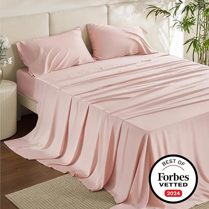 Bedsure Queen Sheet Set, Rayon Derived from Bamboo, Cooling Sheets, Breathable & Soft, Deep Pocket Up to 16 Inches, Hotel Luxury Silky Bedding for Hot Sleepers, Pink