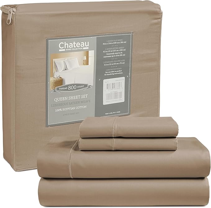 Deep Pocket Queen Sheets set, 100% Cotton Sheets Queen Size set, 800 Thread Count Soft & Durable 4 Piece Sheet & Pillowcase Sets, Sateen Weave Hotel Sheet Fits upto 17", No Pill Machine Wash- Taupe
