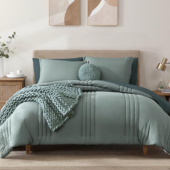 Monbix Queen Comforter Set - 7 Pieces Sage Green Bed in a Bag Queen Bedding Sets with Comforters, All Seasons Comforter Bed Set with Sheets,Pillowcases & Shams