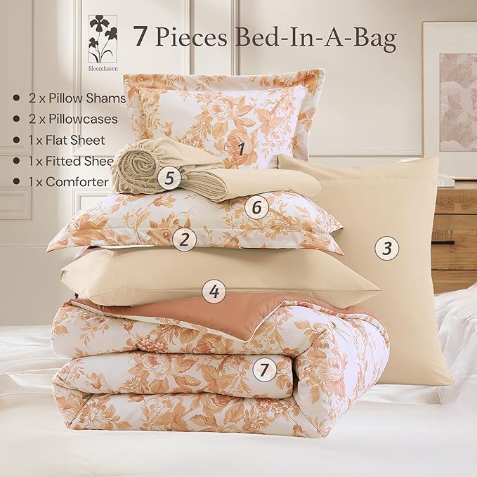 Queen Comforter Set -7 Pieces Autumn Leaf Floral Comforter Set for All Seasons, Bed in a Bag Queen with Botanical Flowers Comforter, Sheets, Pillowcases & Shams
