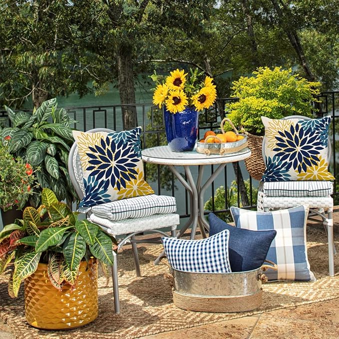DFXSZ Blue Yellow Flower Pillow Covers 20x20 Inch Set of 2 Outdoor Throw Pillows Outdoor Waterproof Decor for Living Room Sofa Patio Funiture Garden Floral Polyester Pillow Covers 012D20