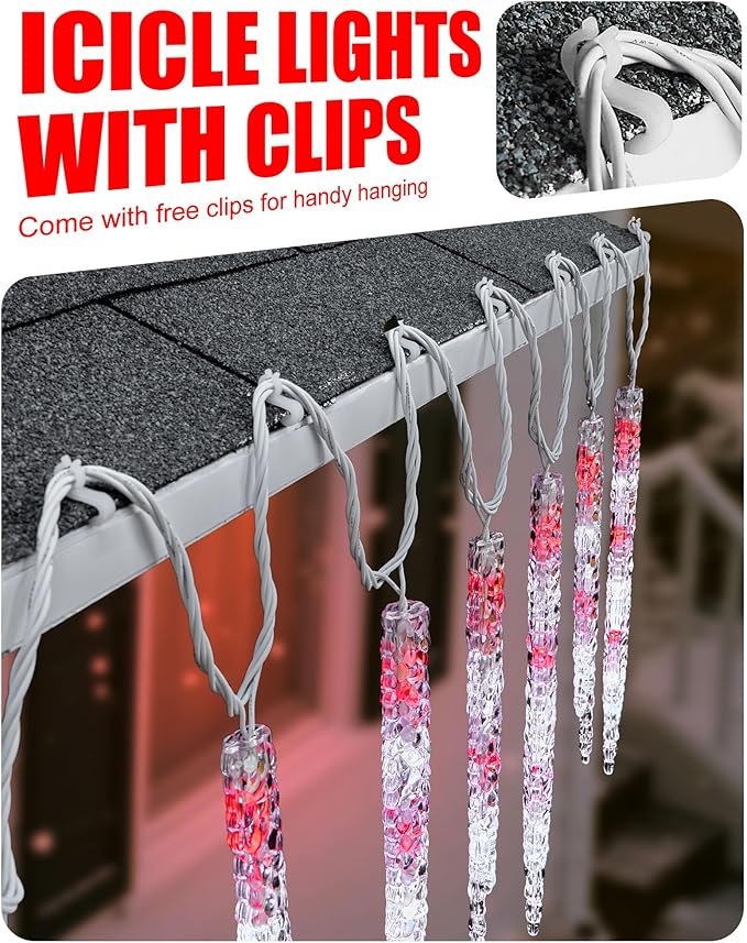 Minetom Icicle Lights Outdoor with Clips, 20ft 100 LED 20 Tubes Twinkling Crystal Icicle String Lights, Connectable Waterproof Hanging Christmas Decorations Plug in for Outdoor, Red and White