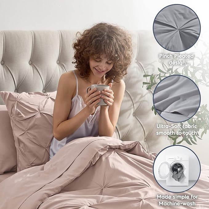 Nestl Twin Comforter Set 5 Piece, Pintuck Twin Bedding Set Blush Pink, College Dorm Room Essentials for Girls and Boys Bed in a Bag Twin All Season, Twin Comforter Set with Sheets, Pillowcase and Sham