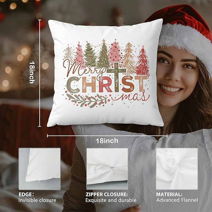 Christian Christmas Pillow Covers 18x18, Retro Christmas Trees Cross Decorative Pillow Covers for Couch, Christian Christmas Decor, Christmas Decorations for Living Room Bedroom Home