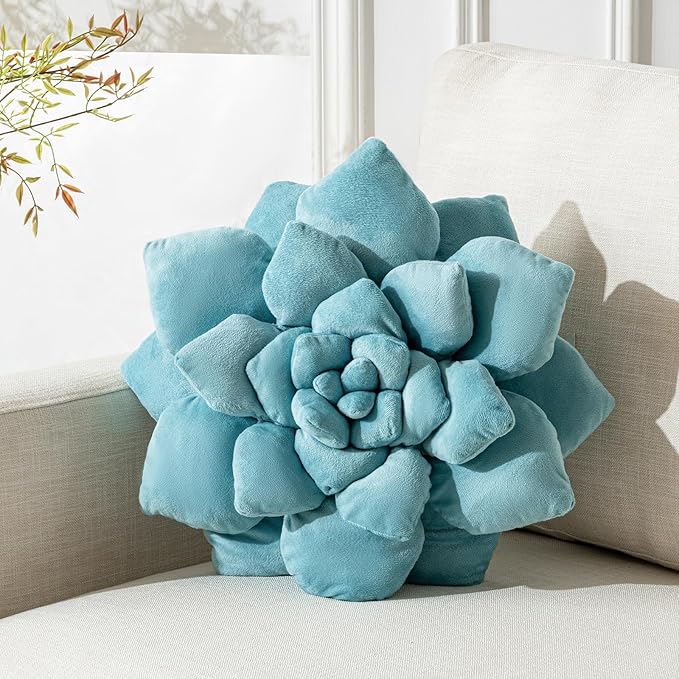 3D Plant Pillow 13.8'' Cute Flower Throw Pillow Blue Plant Shaped Decor Soft Unique Plush Decorative Pillow Throw Cushions for Bedroom Home Decorations
