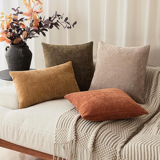 Foindtower Set of 2 Textured Chenille Throw Decorative Pillow Covers Square Accent Solid Cushion Cover Neutral Farmhouse Lumbar Pillow Case for Couch Sofa Bedroom Living Room 12x20 Inch,Golden Brown