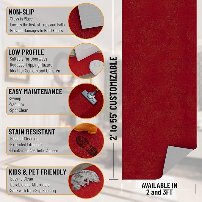 Ottomanson 2'7" x 7' Ultra-Thin Hallway Runner Rug - Durable Non-Slip Carpet for High-Traffic Areas - Fits Under Doors for Seamless Entry - Ideal for Kitchen, Entryway, Bedroom & Living Room, Red