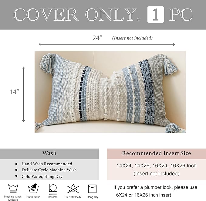 BlissBlush Decorative Lumbar Throw Pillow Cover 14x24 Boho Coastal Blue Accent Cushion for Couch Sofa Farmhouse Pillowcase for Bedroom Living Room Home Décor Cover ONLY