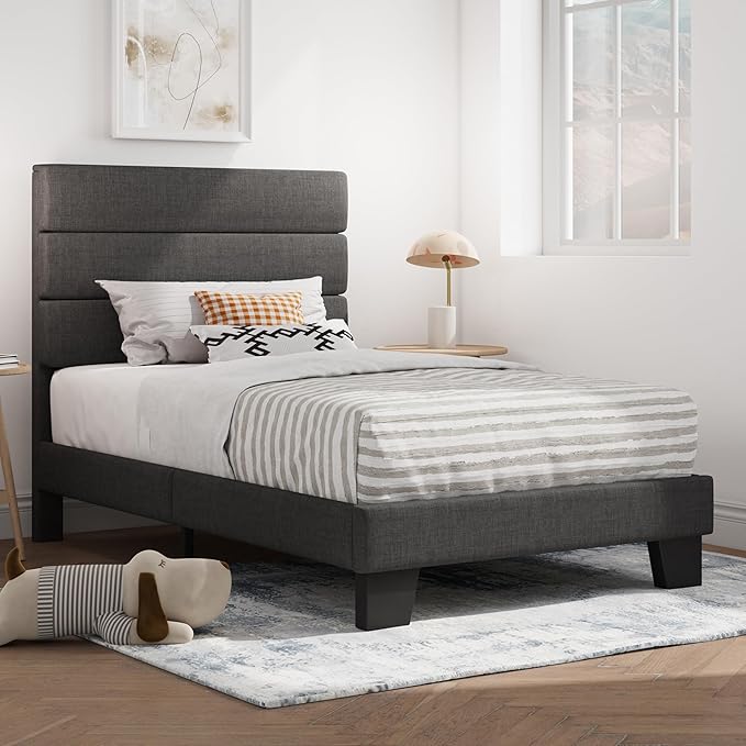 SHA CERLIN Twin Platform Bed Frame with Upholstered Fabric Headboard, Mattress Foundation with Strong Wooden Slats Support, No Box Spring Needed, Grey