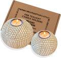 Luca Orb Tea Light Candle Holders (Gift Boxed Set of 2) Grid Pattern, Beige and White