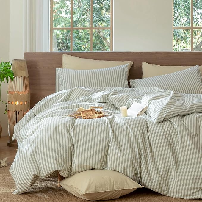 MooMee Striped Duvet Cover Set 100% Washed Cotton Linen Like Textured Breathable Durable Soft Comfy (Sage Green White Classic Stripes, Alaska King 132"x120")