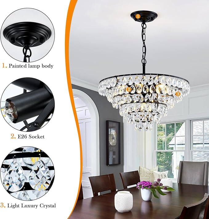 YYJLX Modern Crystal Chandelier 7 Light 20" Raindrop Black Ceiling Chandelier Adjustable Hanging Light Fixture for Dining Room Foyer Entryway Staircase Living Room