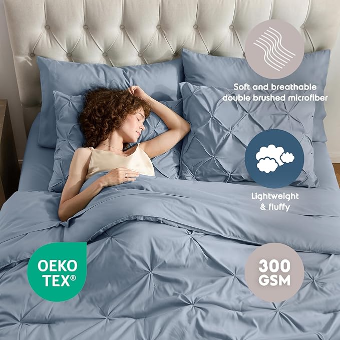Nestl California King Comforter Set 7 Piece - Pintuck Cal King Comforter Set Stone Blue, California King Bed in a Bag, All Season Bed Set with Flat Sheet and Fitted Sheet, Pillowcases and Shams