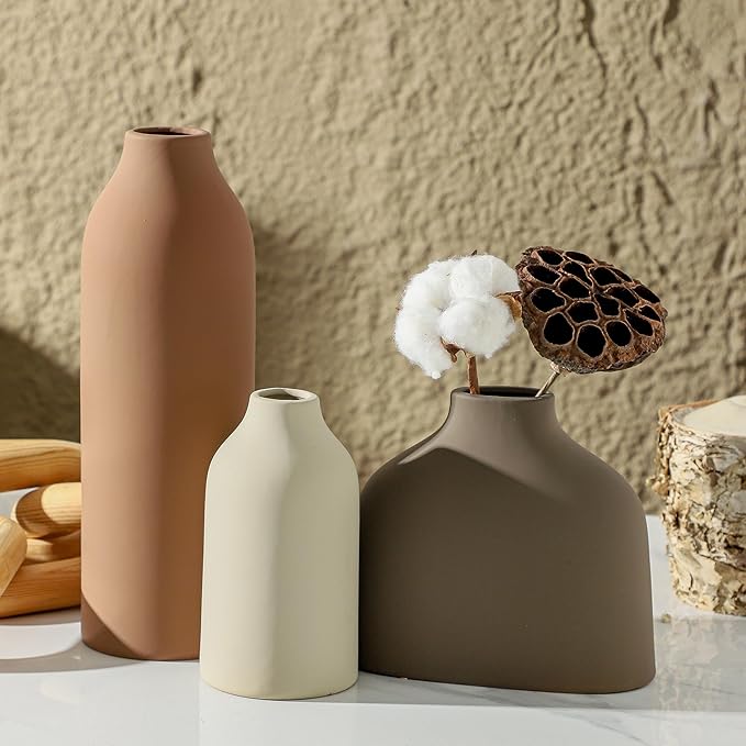 Ceramic Vase Set of 3,Flower Vase Home Decor,Rustic Modern Farmhouse Decor Pottery Vases, Pampas Grass Dried Fresh Flowers,Bedroom,Living Room,Bookshelf Decoration, Centerpiece Table Decor,Boho Decor.