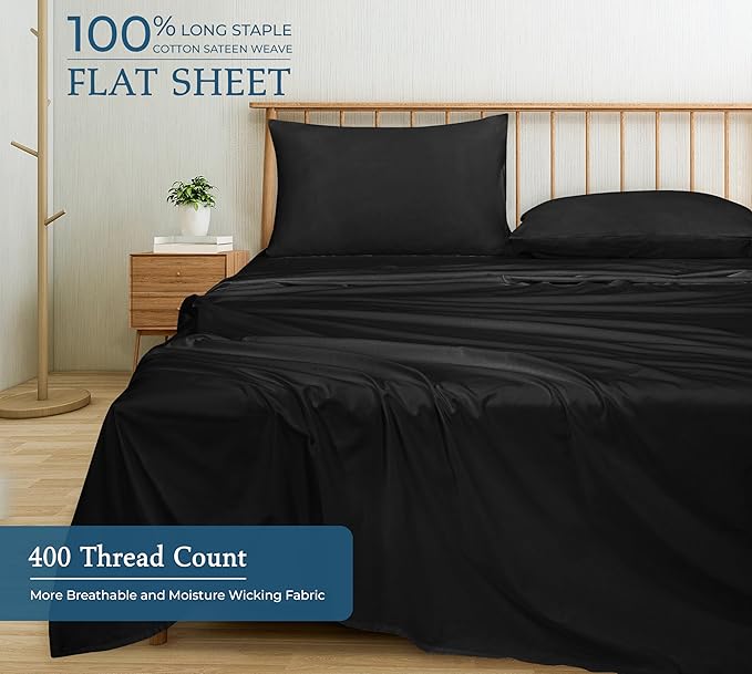 Royale Linens 400 Thread Count 100% American Grown Cotton - Cooling Sheets - Twin Sheets - Luxury Sateen Weave - Twin Flat Sheet Sold Separately - Black Flat Sheet Only (Twin, Night Black)