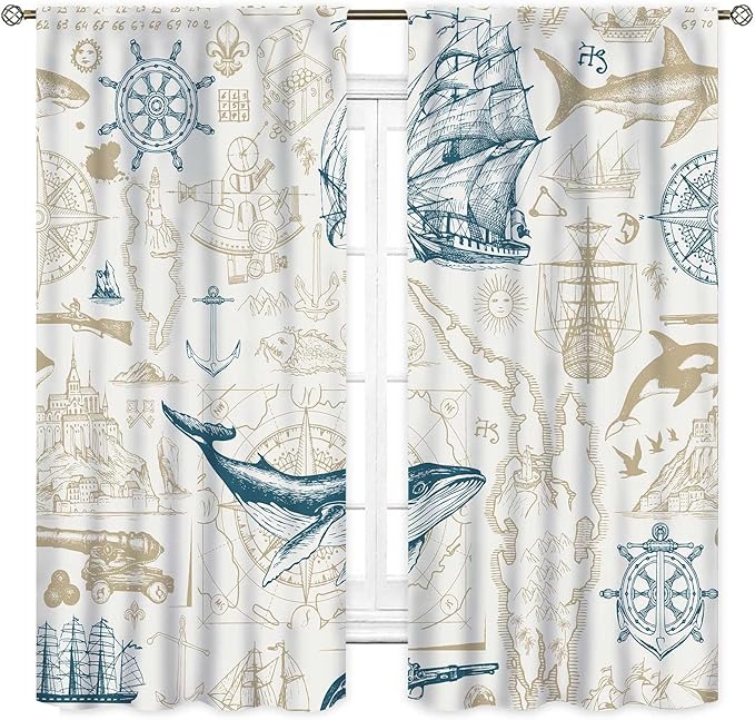 Vintage Nautical Curtains, Marine Coastal Sailboat Compass Anchor Ocean Beach Whale Old Pirate Map Decorative Drapes for Bedroom Living Room Kitchen Bathroom Window 2 Panels Set, 84"x84" Inch