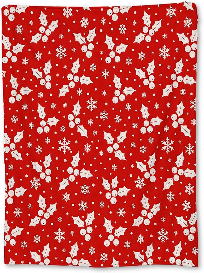 Christmas Holly Berry Blanket, Soft Lightweight Flannel White Holly Leaves Snowflakes Throw Blanket for Couch, Bed, Travel & Decor Gifts, Cozy Warm Fuzzy Holiday Blankets for Women Girls 60×50 in
