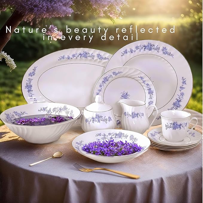 Lynns Paradise Royal Rose Floral 45-Piece Dinnerware Set | Silver Trim | Embossed Swirl | Plates & Bowls Sets | Apartment Essentials | Home Kitchen Accessories | Floral Print